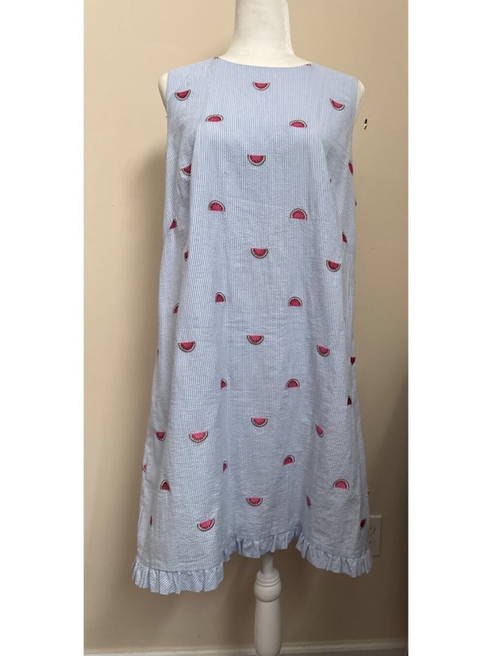Talbots Sleeveless Watermelon-Embroidered Seersucker Shift Summer Ruffle Hem 14